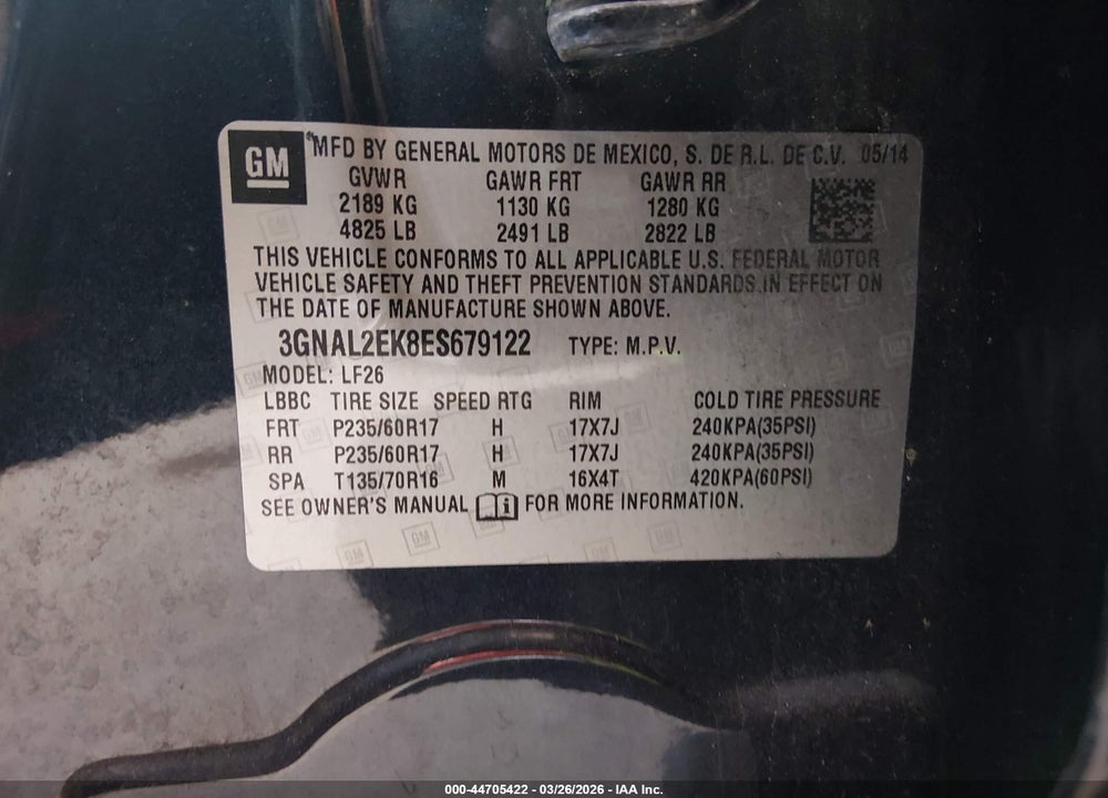 2014 CHEVROLET CAPTIVA SPORT 2LS VIN: 3GNAL2EK8ES679122
