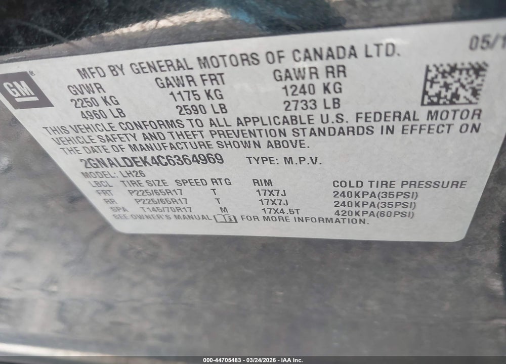 2012 CHEVROLET EQUINOX 1LT VIN: 2GNALDEK4C6364969