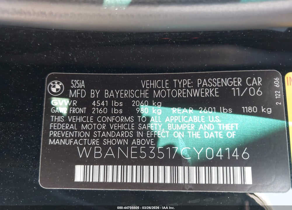 2007 BMW 525I VIN: WBANE53517CY04146