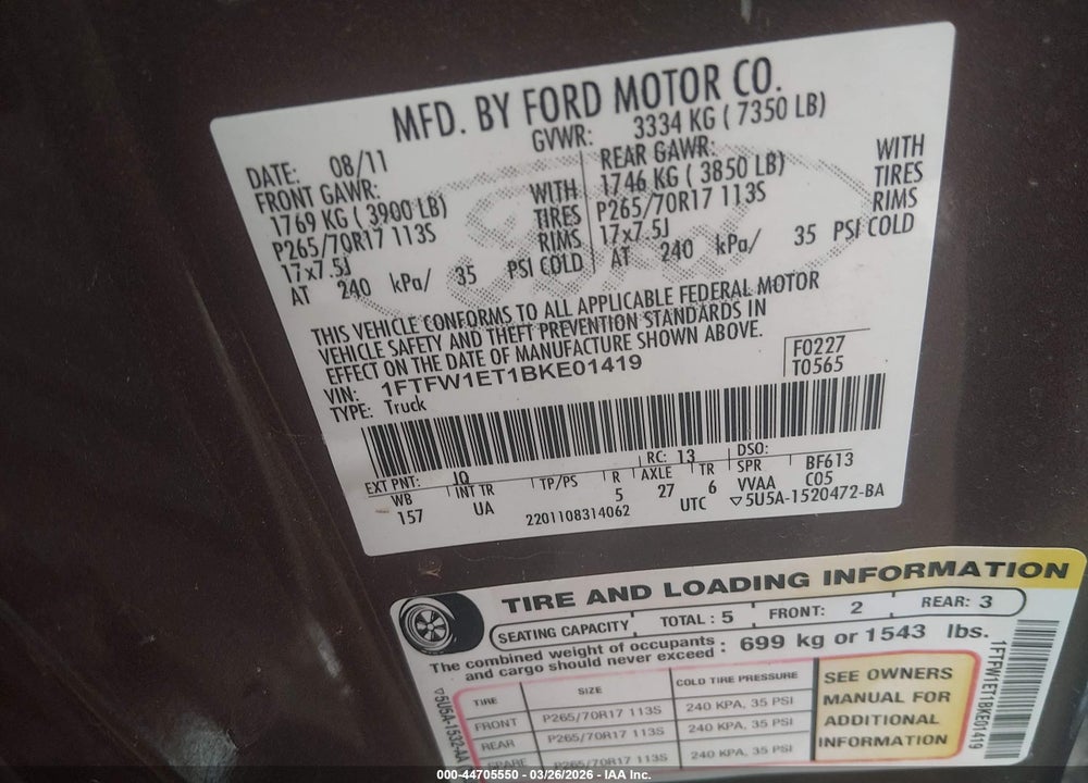 2011 FORD F-150 XLT VIN: 1FTFW1ET1BKE01419
