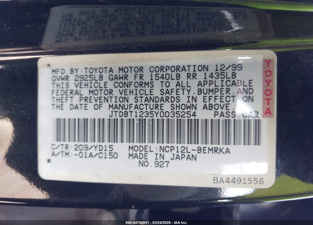 2000 TOYOTA ECHO VIN: JTDBT1235Y0035254