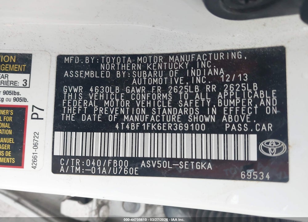2014 TOYOTA CAMRY XLE VIN: 4T4BF1FK6ER369100