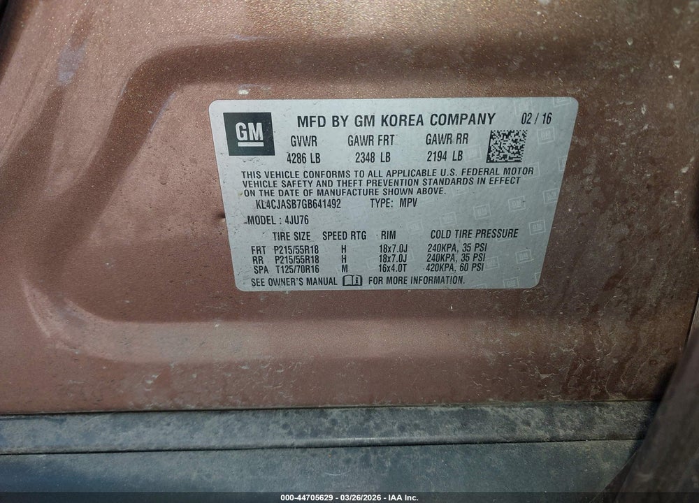 2016 BUICK ENCORE VIN: KL4CJASB7GB641492