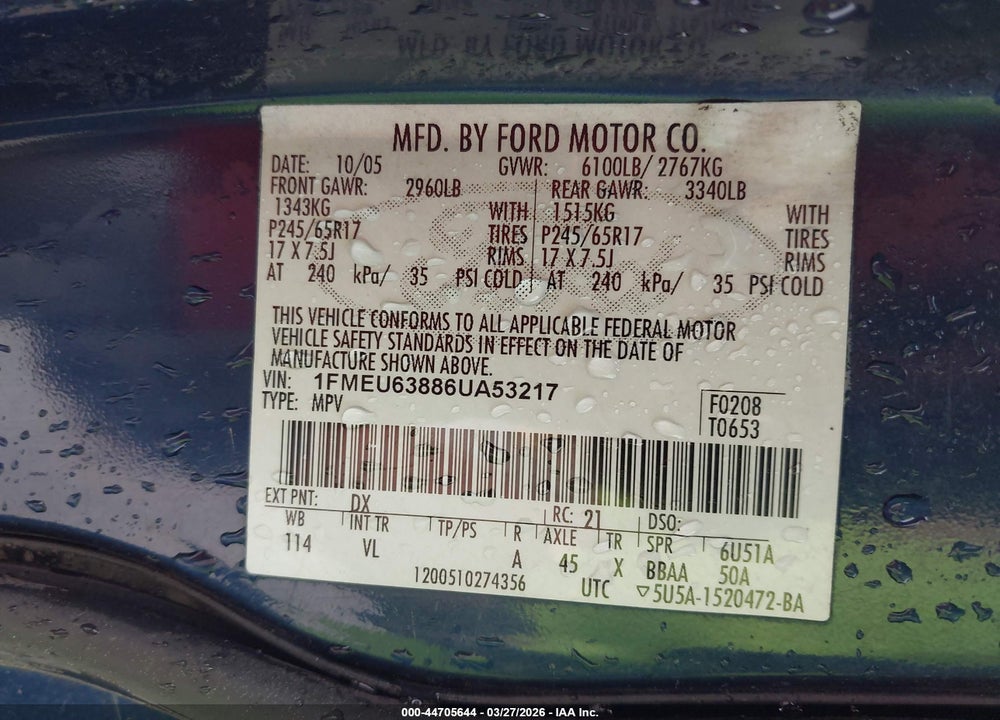 2006 FORD EXPLORER XLT VIN: 1FMEU63886UA53217