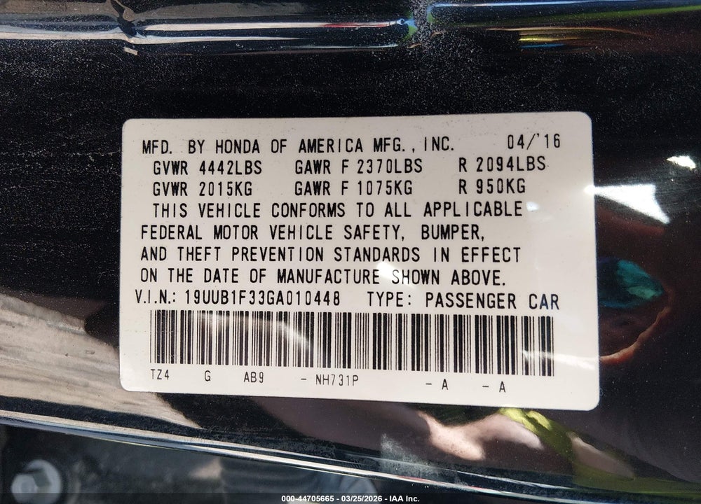 2016 ACURA TLX VIN: 19UUB1F33GA010448