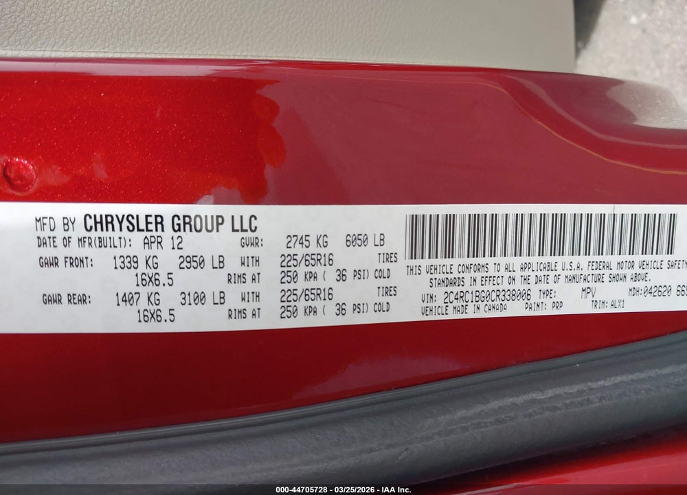 2012 CHRYSLER TOWN & COUNTRY TOURING VIN: 2C4RC1BG0CR338006