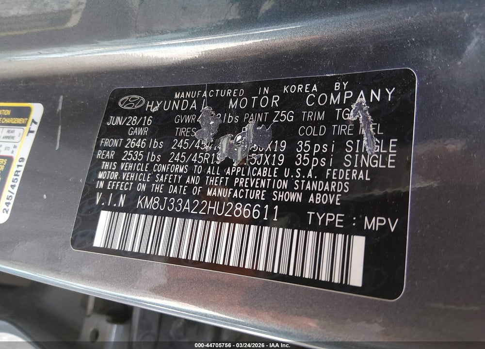 2017 HYUNDAI TUCSON SPORT VIN: KM8J33A22HU286611