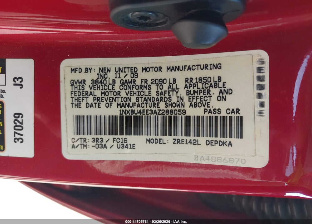 2010 TOYOTA COROLLA LE VIN: 1NXBU4EE3AZ288059