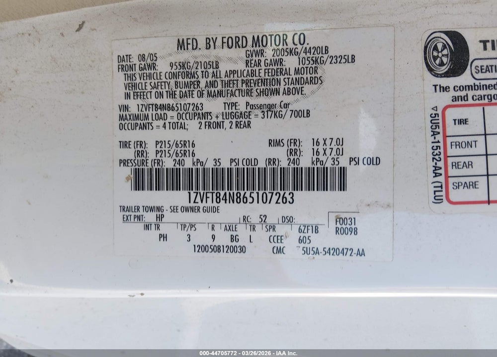 2006 FORD MUSTANG V6 VIN: 1ZVFT84N865107263