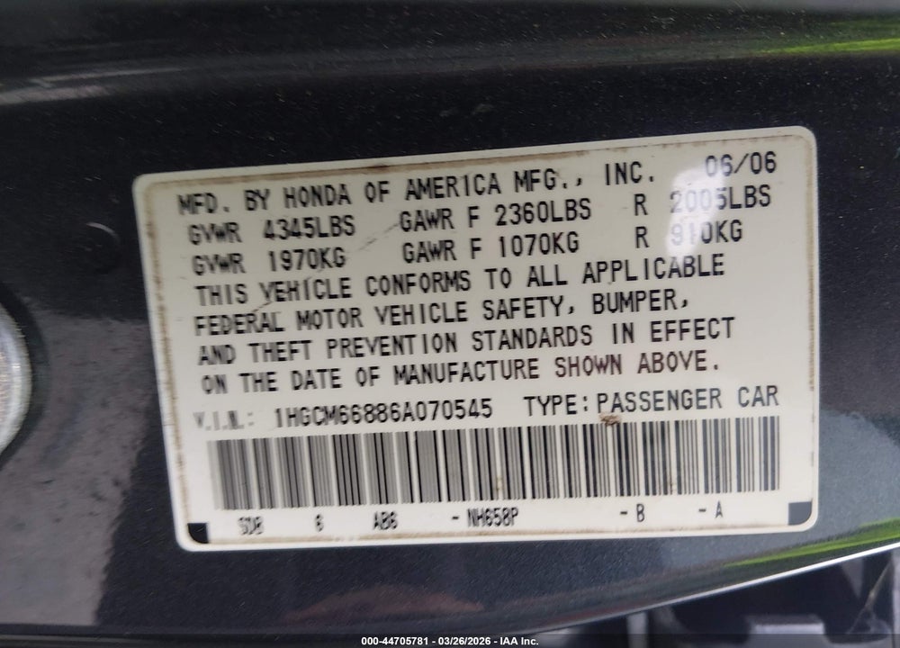 2006 HONDA ACCORD 3.0 EX VIN: 1HGCM66886A070545
