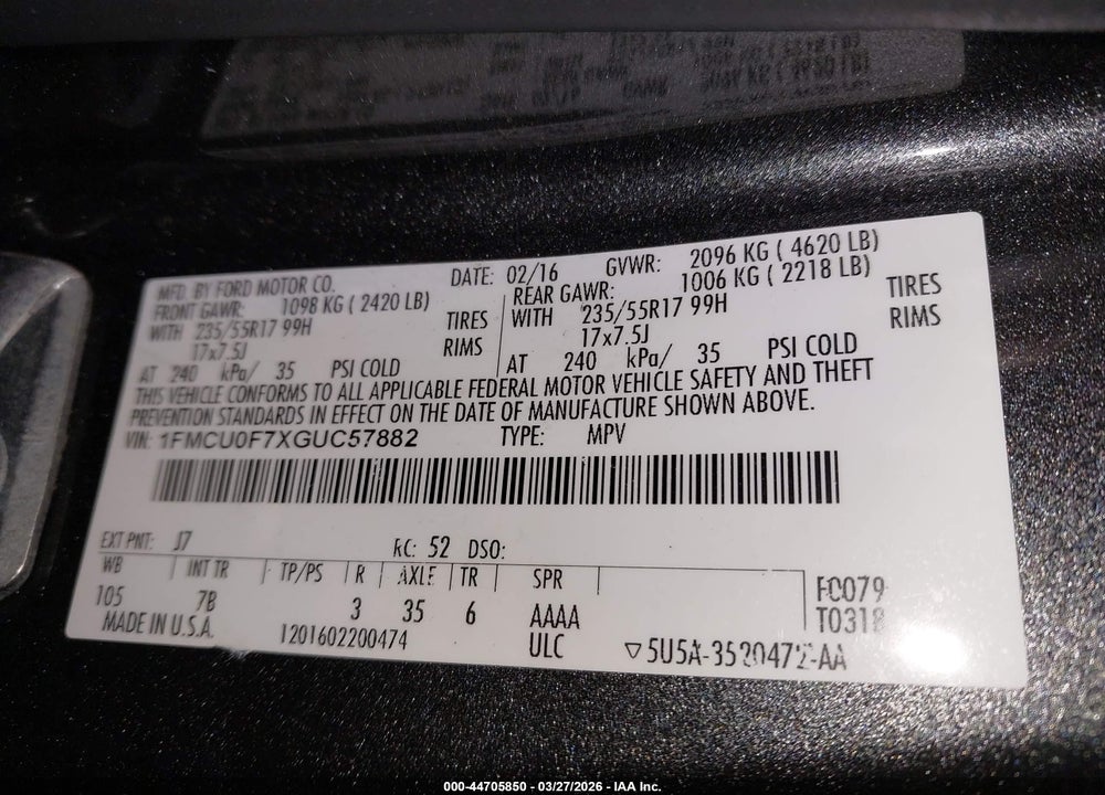 2016 FORD ESCAPE S VIN: 1FMCU0F7XGUC57882
