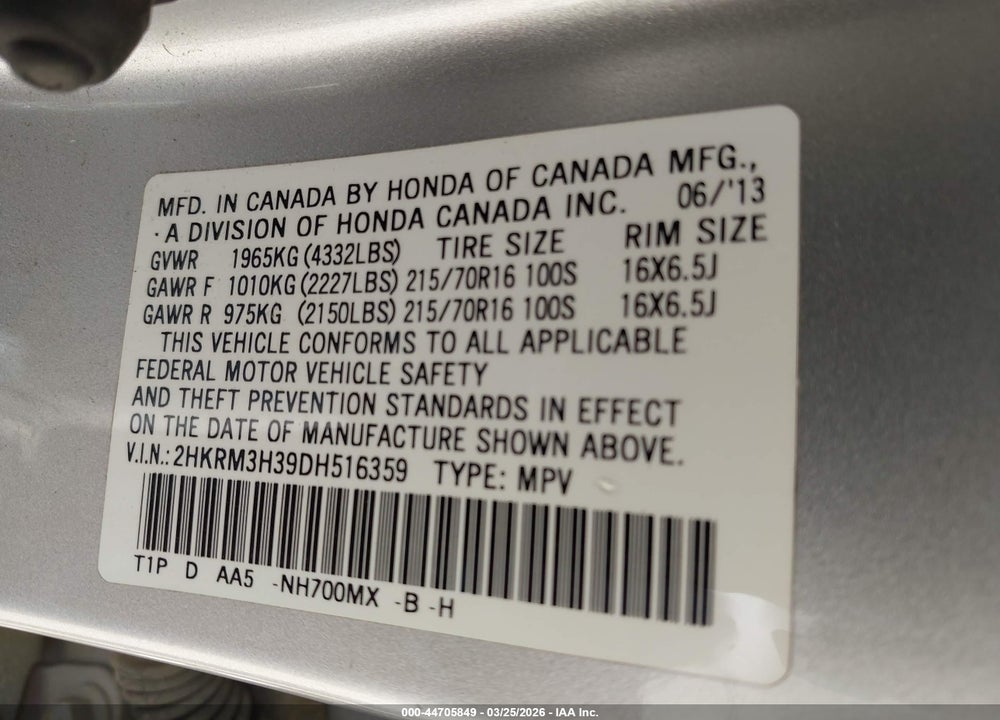 2013 HONDA CR-V LX VIN: 2HKRM3H39DH516359
