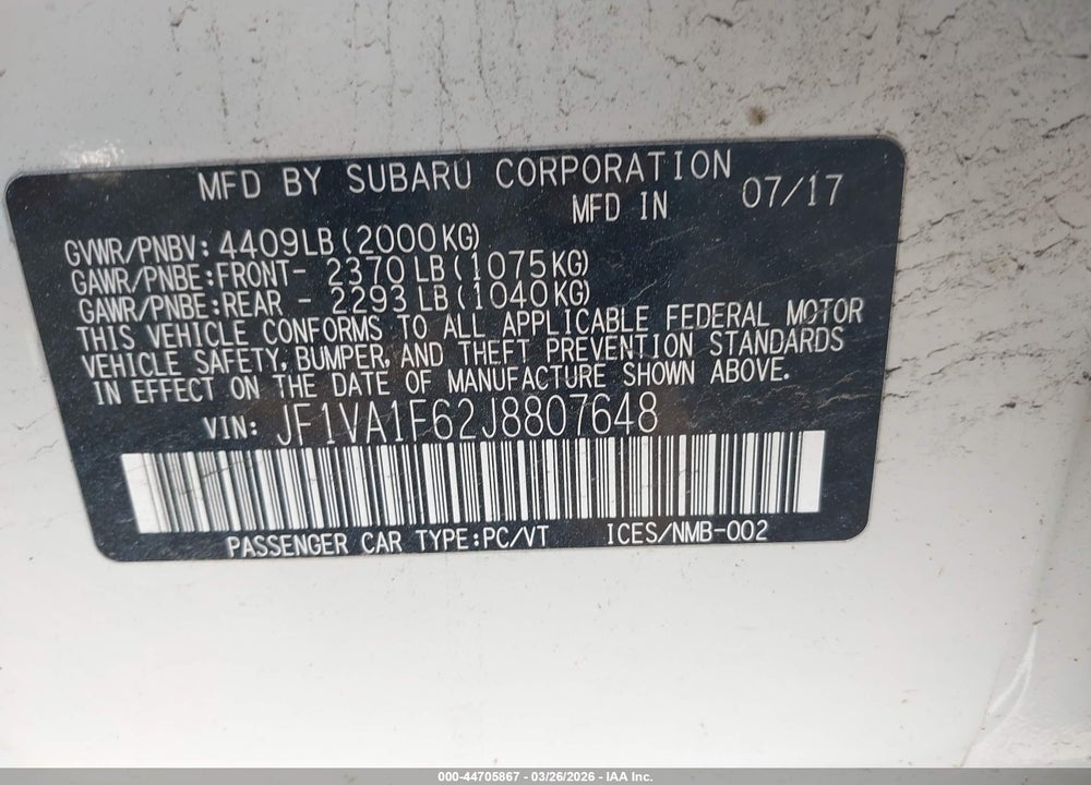 2018 SUBARU WRX LIMITED VIN: JF1VA1F62J8807648
