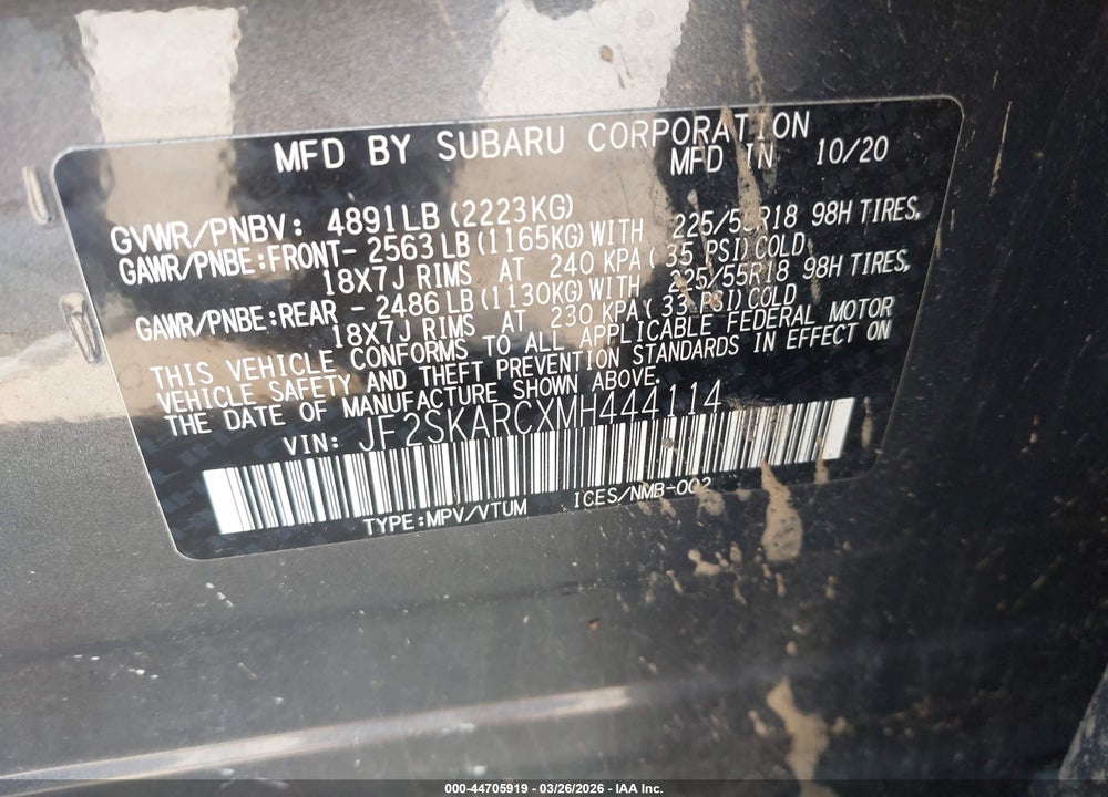 2021 SUBARU FORESTER SPORT VIN: JF2SKARCXMH444114