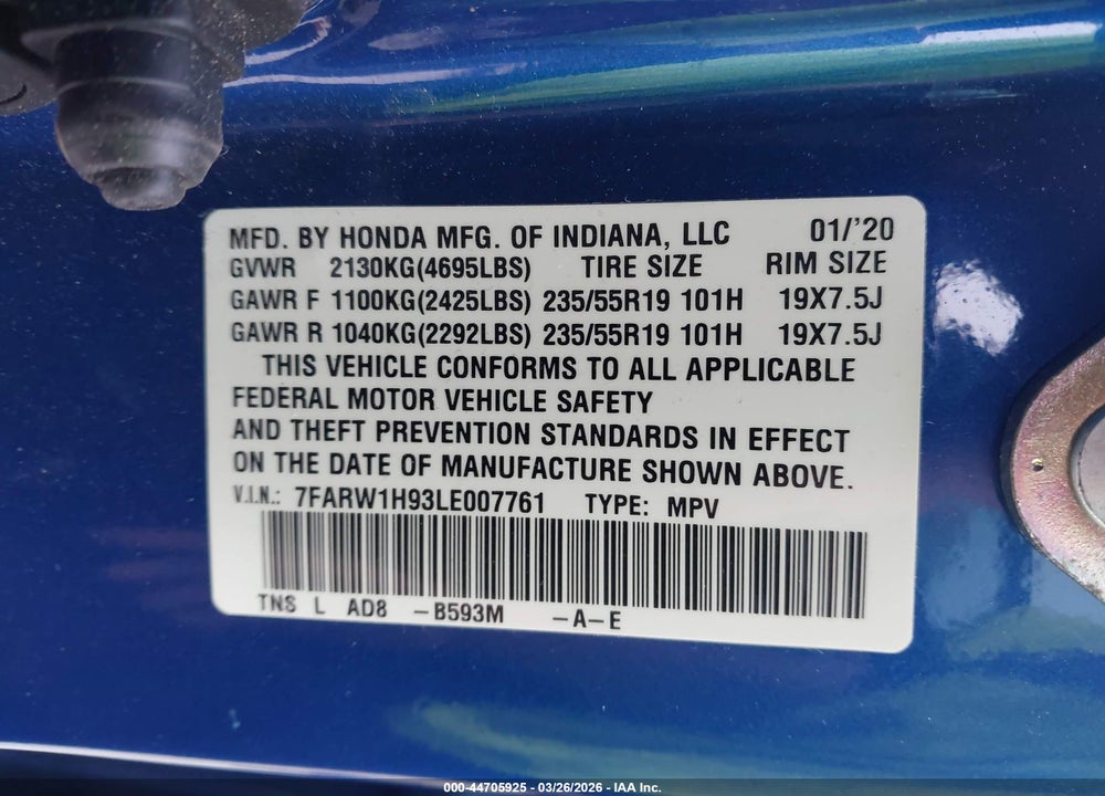 2020 HONDA CR-V 2WD TOURING VIN: 7FARW1H93LE007761