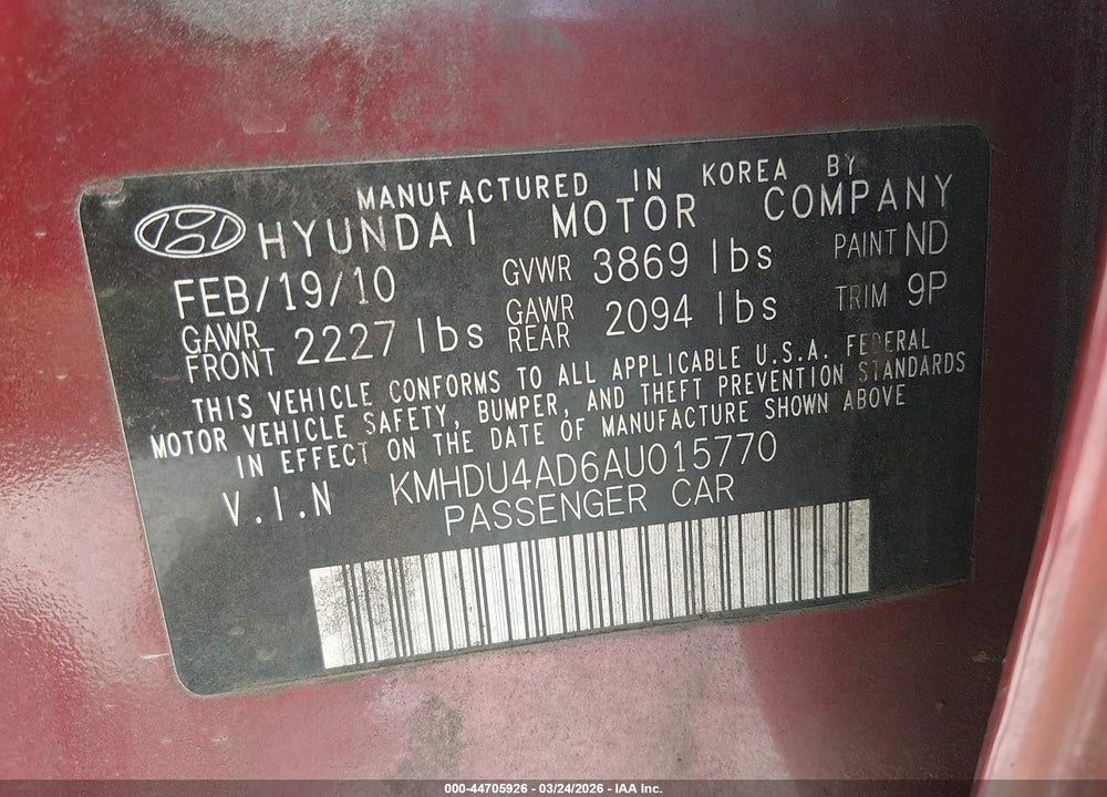 2010 HYUNDAI ELANTRA SE VIN: KMHDU4AD6AU015770