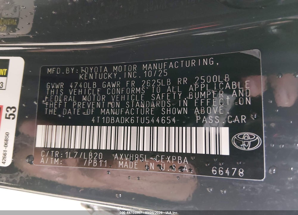 2026 TOYOTA CAMRY XSE VIN: 4T1DBADK6TU544654