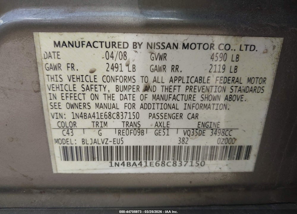 2008 NISSAN MAXIMA 3.5 SE VIN: 1N4BA41E68C837150