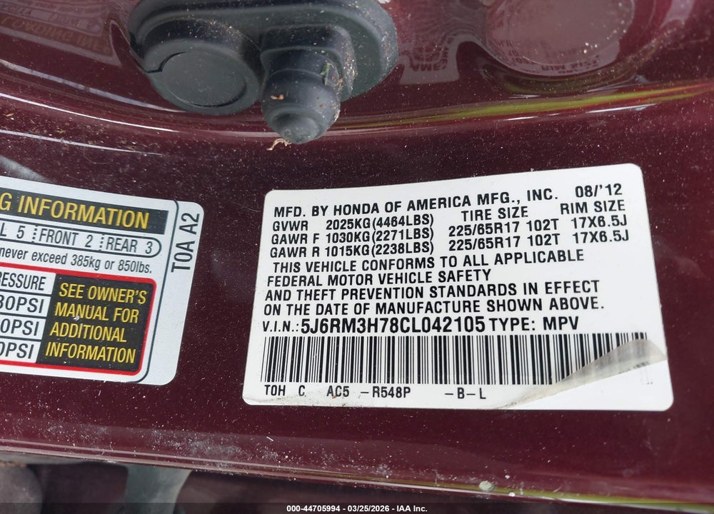 2012 HONDA CR-V EX-L VIN: 5J6RM3H78CL042105
