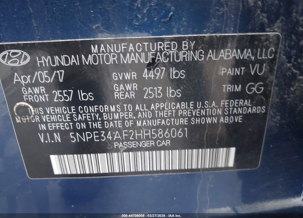 2017 HYUNDAI SONATA SPORT VIN: 5NPE34AF2HH586061