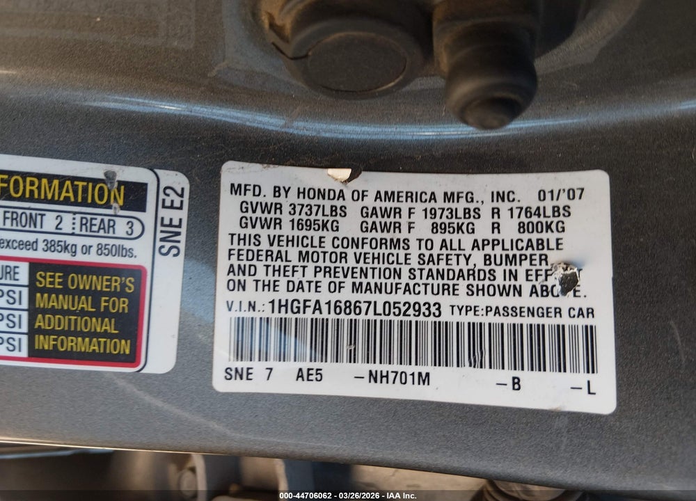 2007 HONDA CIVIC EX VIN: 1HGFA16867L052933
