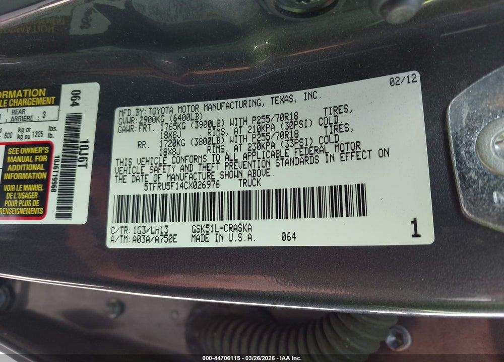 2012 TOYOTA TUNDRA GRADE V6 VIN: 5TFRU5F14CX026976