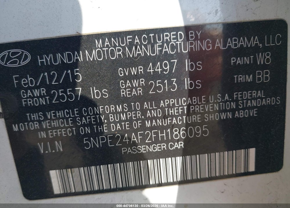 2015 HYUNDAI SONATA SE VIN: 5NPE24AF2FH186095
