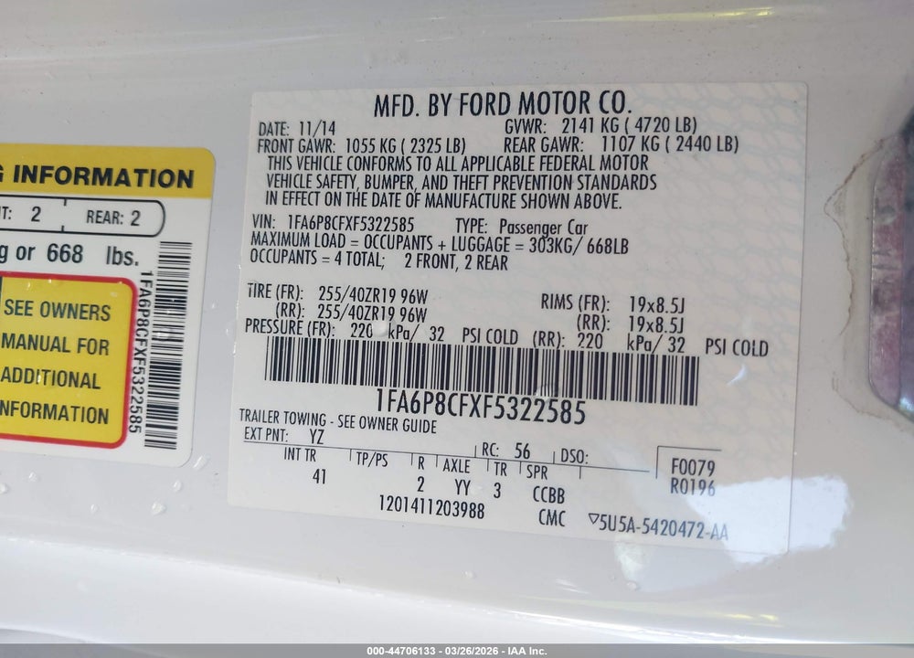 2015 FORD MUSTANG GT PREMIUM VIN: 1FA6P8CFXF5322585