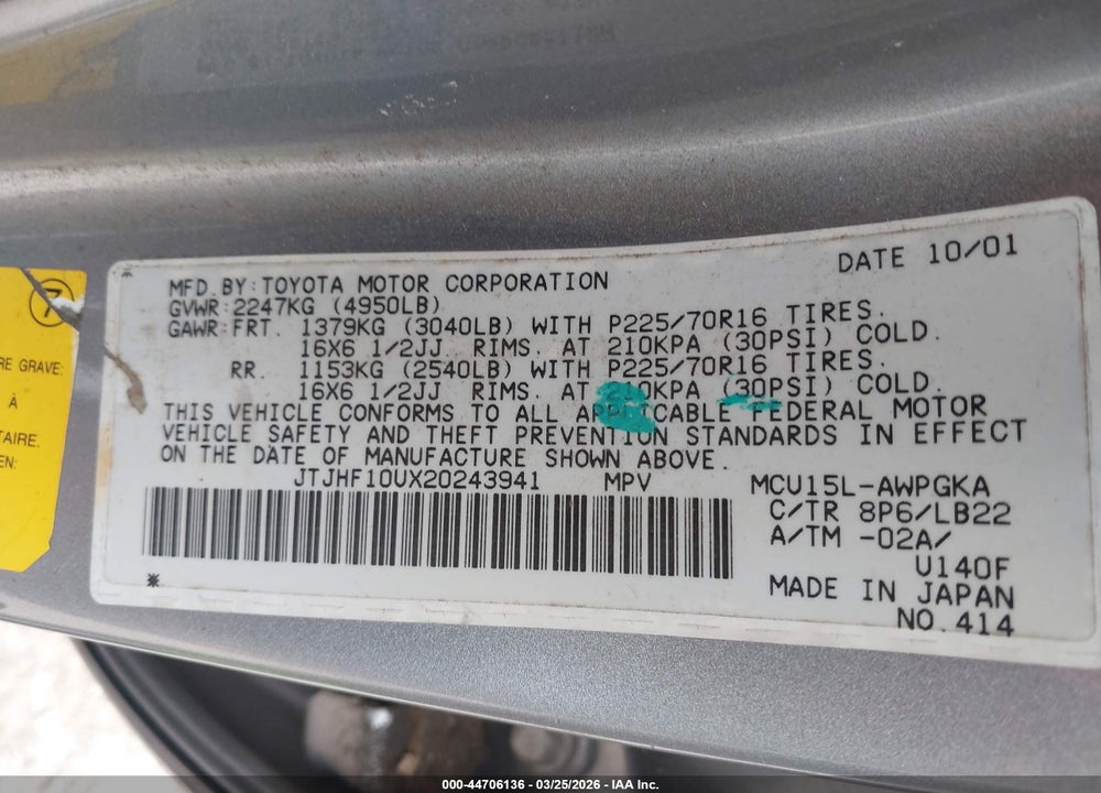 2002 LEXUS RX 300 VIN: JTJHF10UX20243941