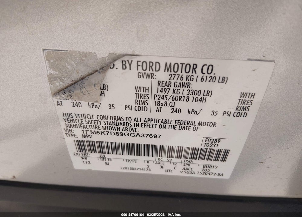 2016 FORD EXPLORER XLT VIN: 1FM5K7D89GGA37697