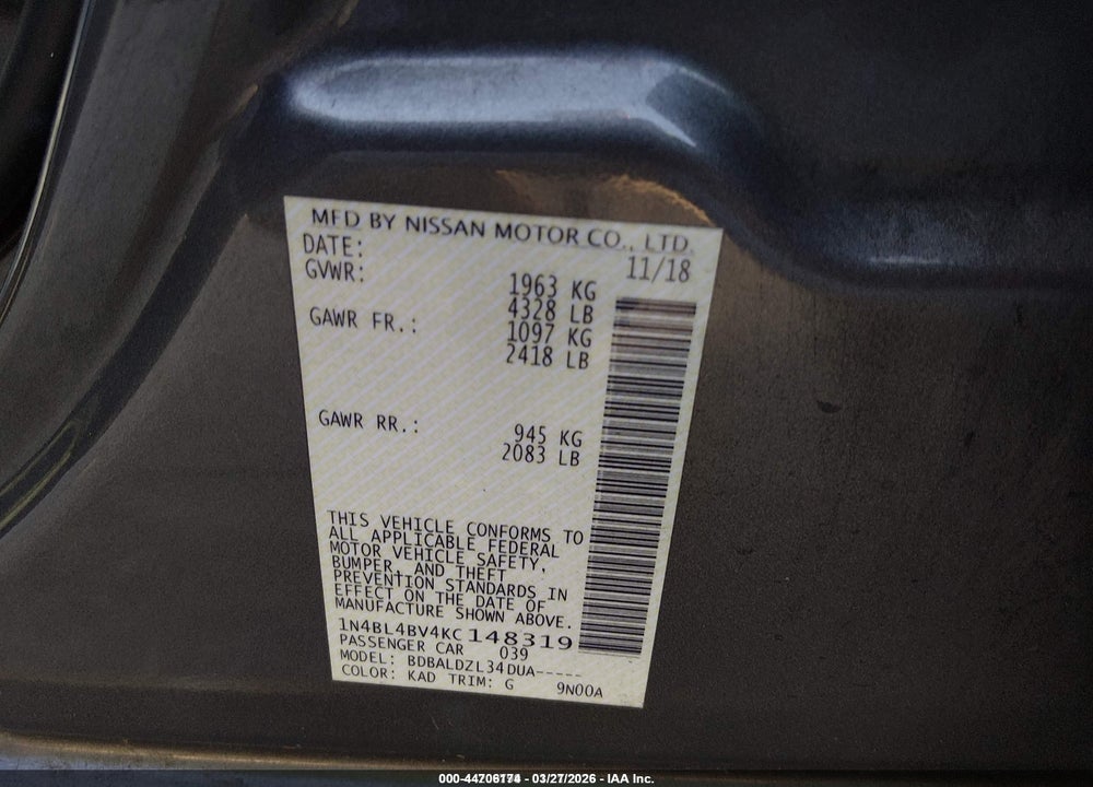 2019 NISSAN ALTIMA S VIN: 1N4BL4BV4KC148319