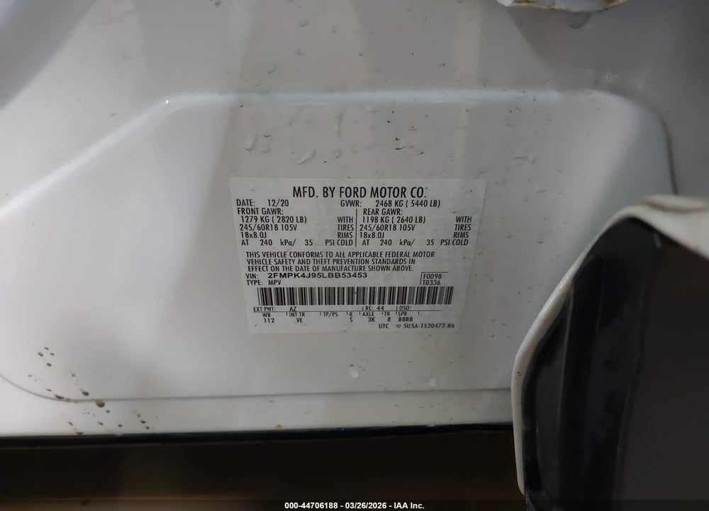 2020 FORD EDGE SEL VIN: 2FMPK4J95LBB53453