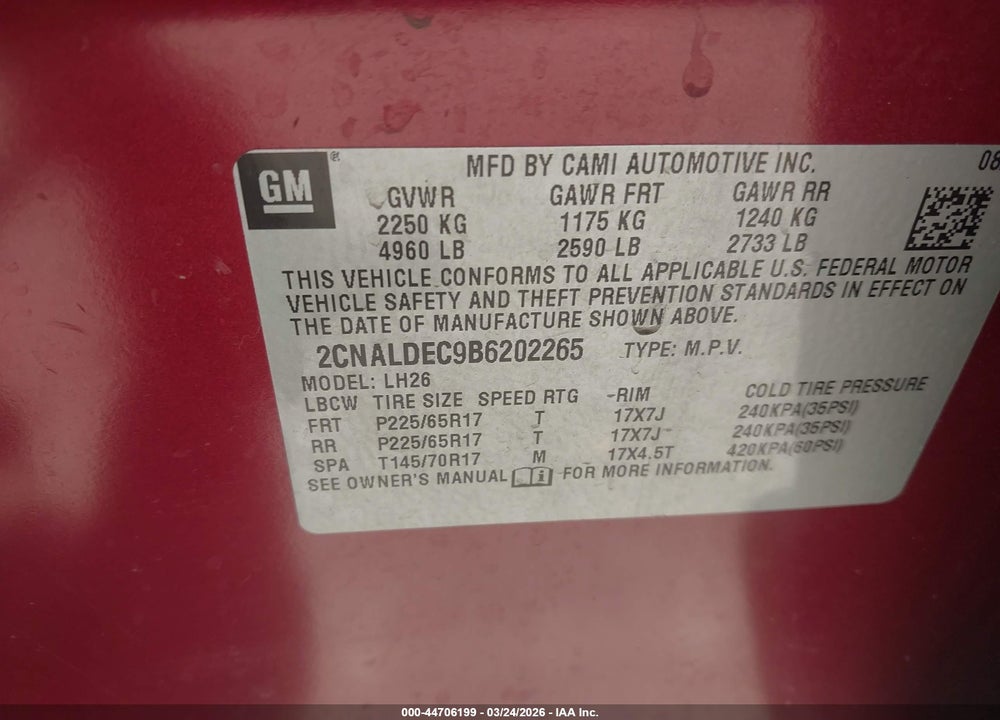 2011 CHEVROLET EQUINOX 1LT VIN: 2CNALDEC9B6202265