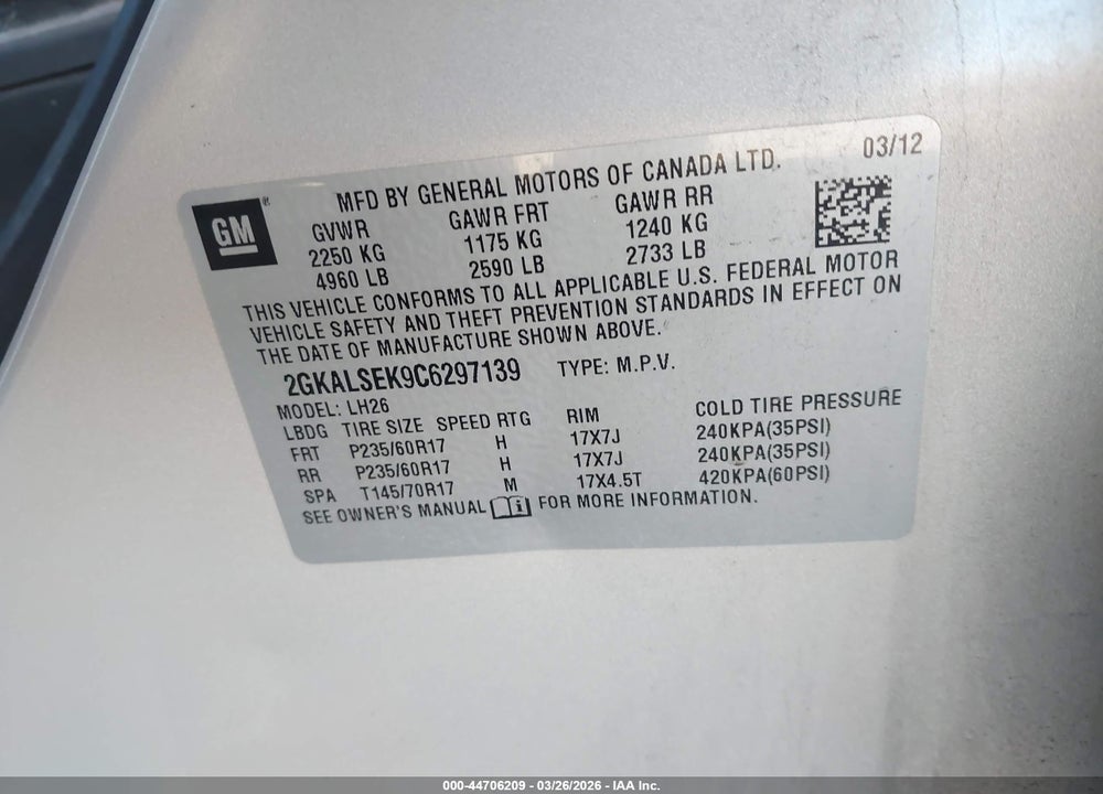 2012 GMC TERRAIN SLE-2 VIN: 2GKALSEK9C6297139