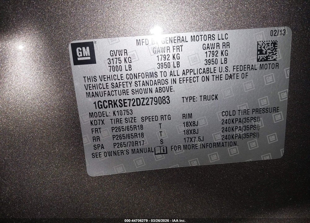 2013 CHEVROLET SILVERADO 1500 LT VIN: 1GCRKSE72DZ279083
