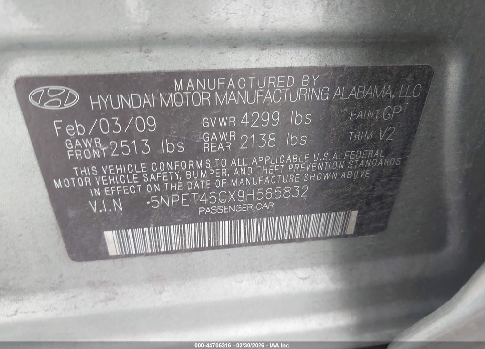 2009 HYUNDAI SONATA GLS VIN: 5NPET46CX9H565832