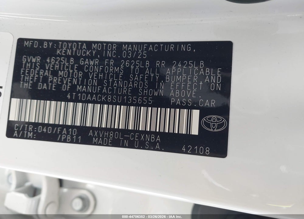 2025 TOYOTA CAMRY LE VIN: 4T1DAACK8SU135655