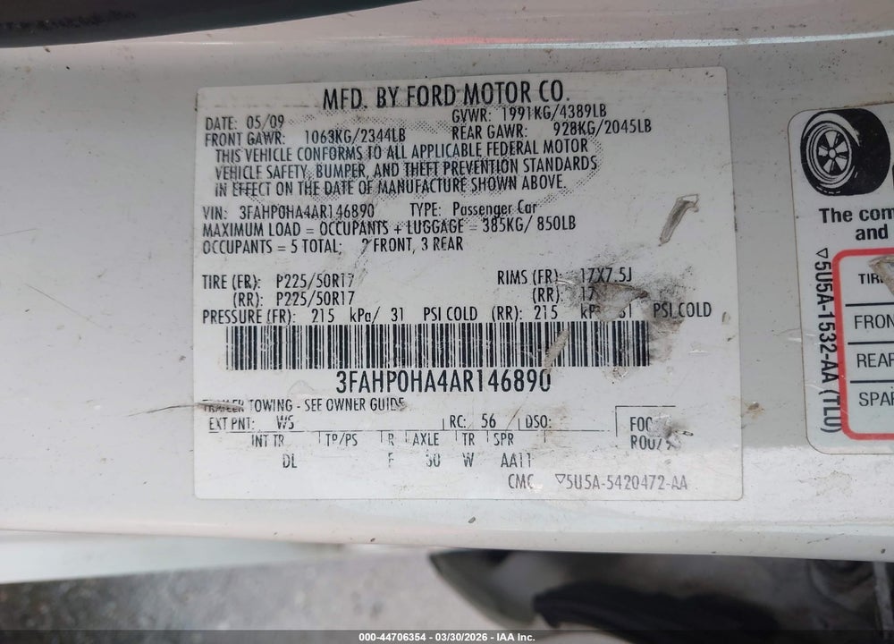 2010 FORD FUSION SE VIN: 3FAHP0HA4AR146890