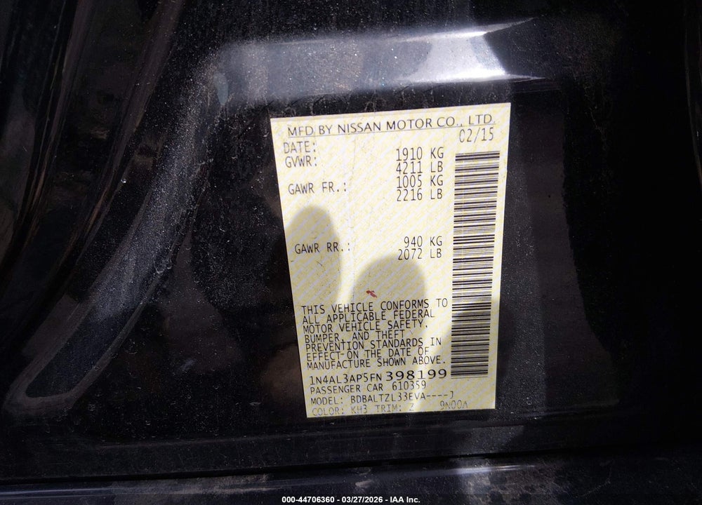 2015 NISSAN ALTIMA 2.5 SL VIN: 1N4AL3AP5FN398199