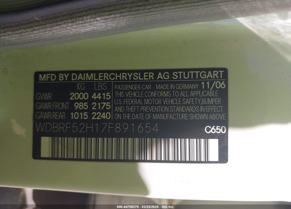 2007 MERCEDES-BENZ C 230 SPORT VIN: WDBRF52H17F891654