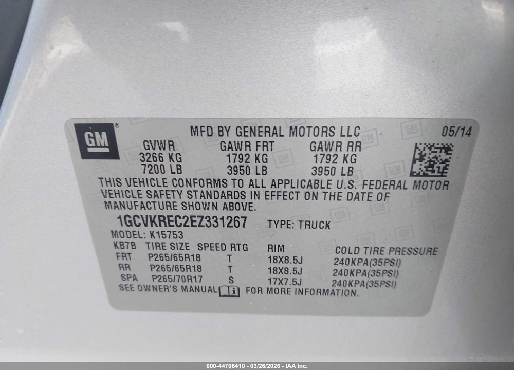2014 CHEVROLET SILVERADO 1500 2LT VIN: 1GCVKREC2EZ331267