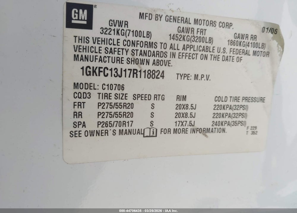 2007 GMC YUKON SLT VIN: 1GKFC13J17R118824