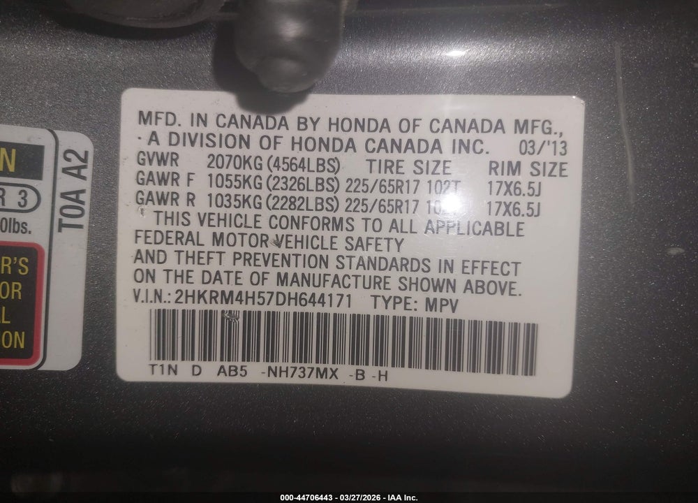 2013 HONDA CR-V EX VIN: 2HKRM4H57DH644171