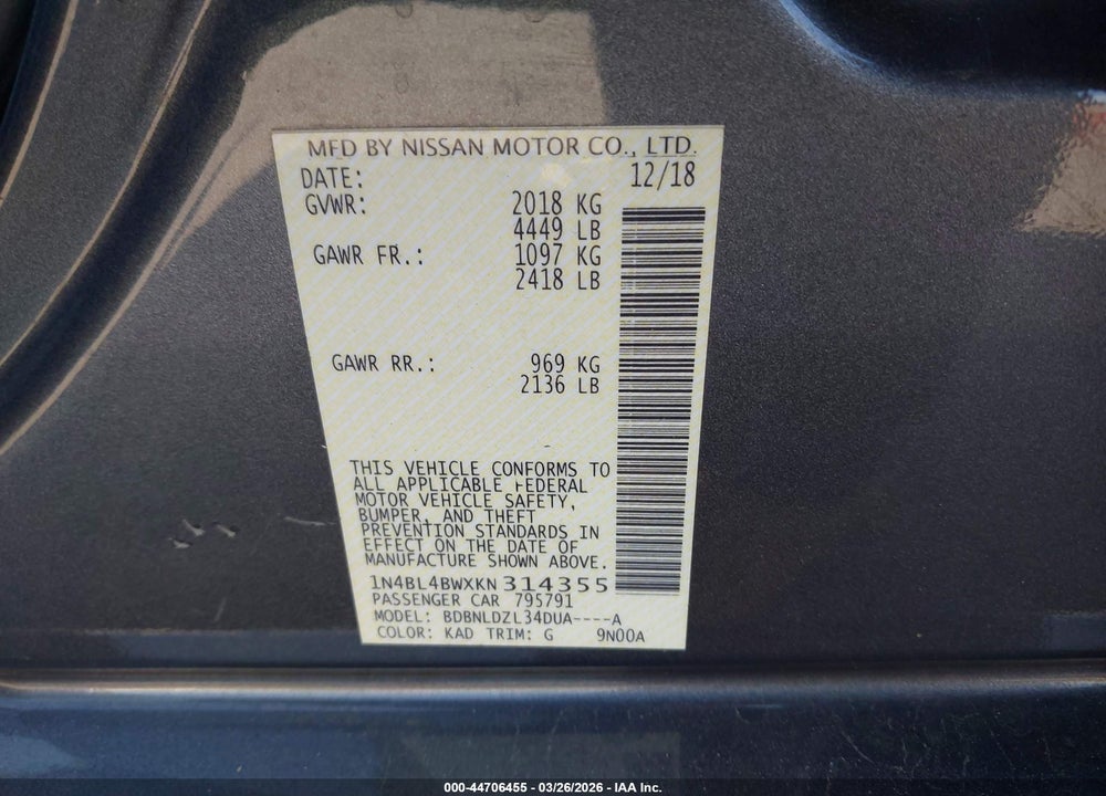 2019 NISSAN ALTIMA 2.5 S VIN: 1N4BL4BWXKN314355
