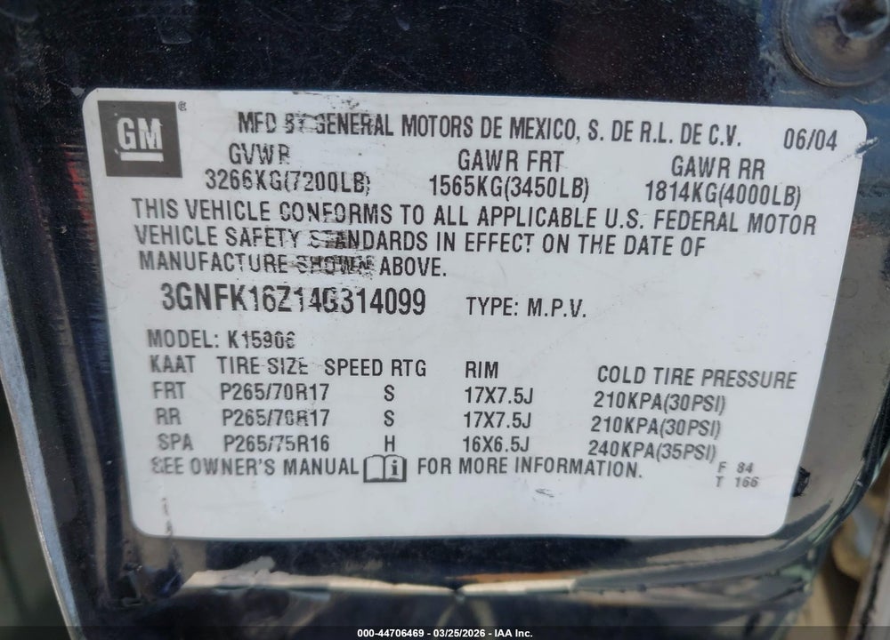 2004 CHEVROLET SUBURBAN 1500 Z71 VIN: 3GNFK16Z14G314099