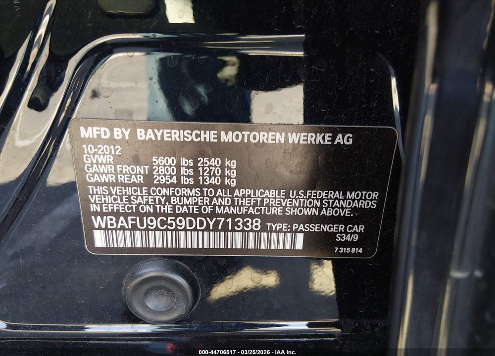 2013 BMW 550I XDRIVE VIN: WBAFU9C59DDY71338