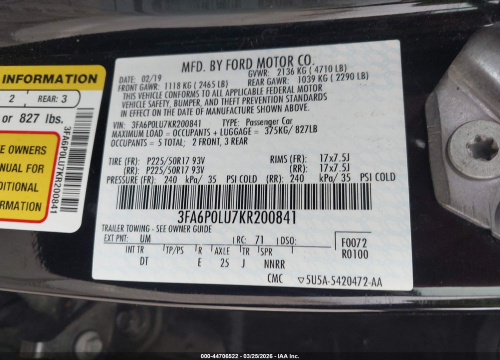 2019 FORD FUSION HYBRID SE VIN: 3FA6P0LU7KR200841