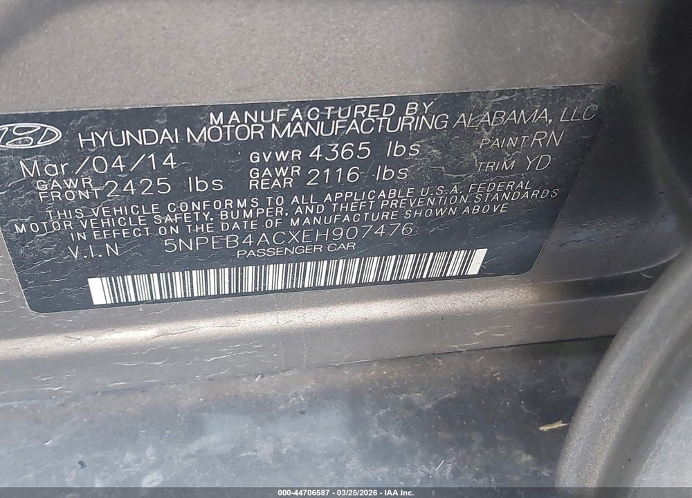 2014 HYUNDAI SONATA GLS VIN: 5NPEB4ACXEH907476