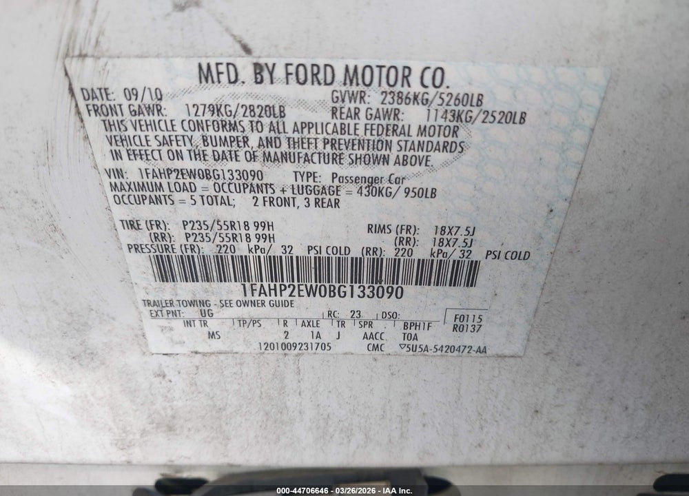 2011 FORD TAURUS SEL VIN: 1FAHP2EW0BG133090