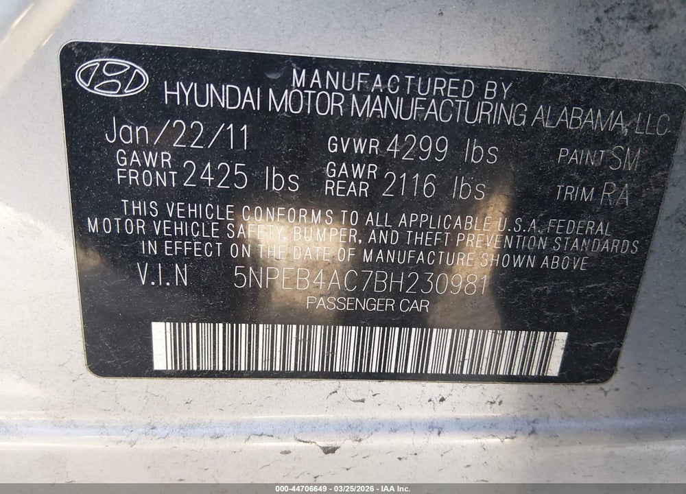 2011 HYUNDAI SONATA GLS VIN: 5NPEB4AC7BH230981